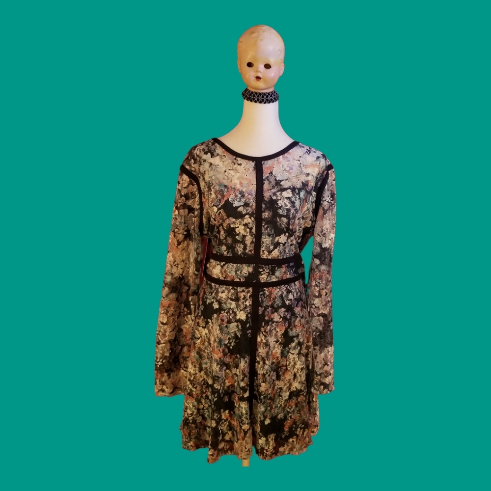 80s cut stretch lace long sleeve fancy flare skater dress XL